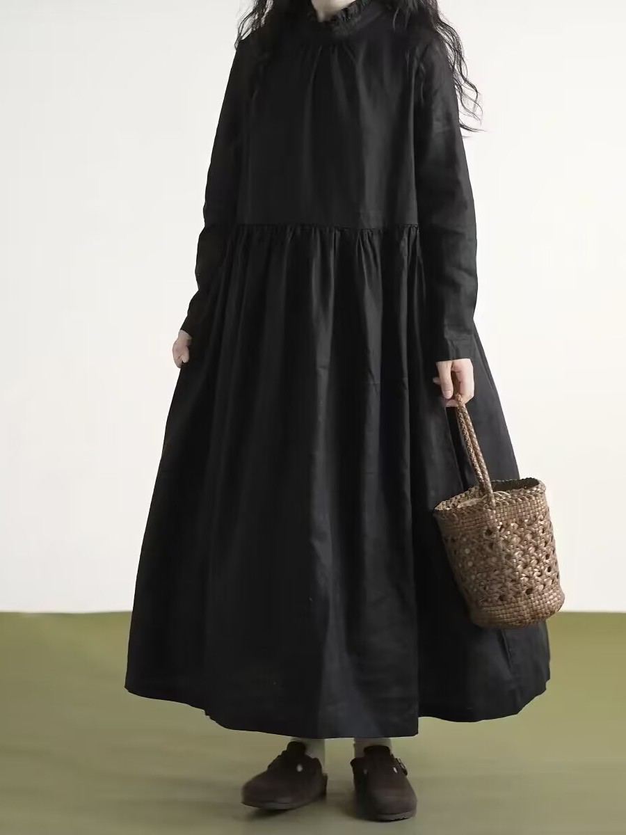 Casual Loose Linen Shirt Dress - 黒レース襟長袖リネンドレス女性の秋の新スタイル痩身芸術的なスタイルのシャツドレスカジュアルルーズウエスト