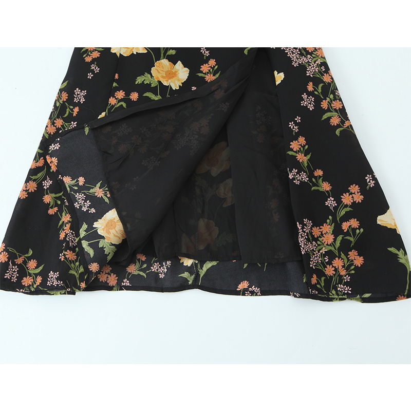 French Vintage Floral Midi Dress - YENKYE フレンチスタイルヴィンテージ花柄スリングドレス女性のセクシーなフロントスリットハイウエスト A ラインミディサマードレスホリデーローブ