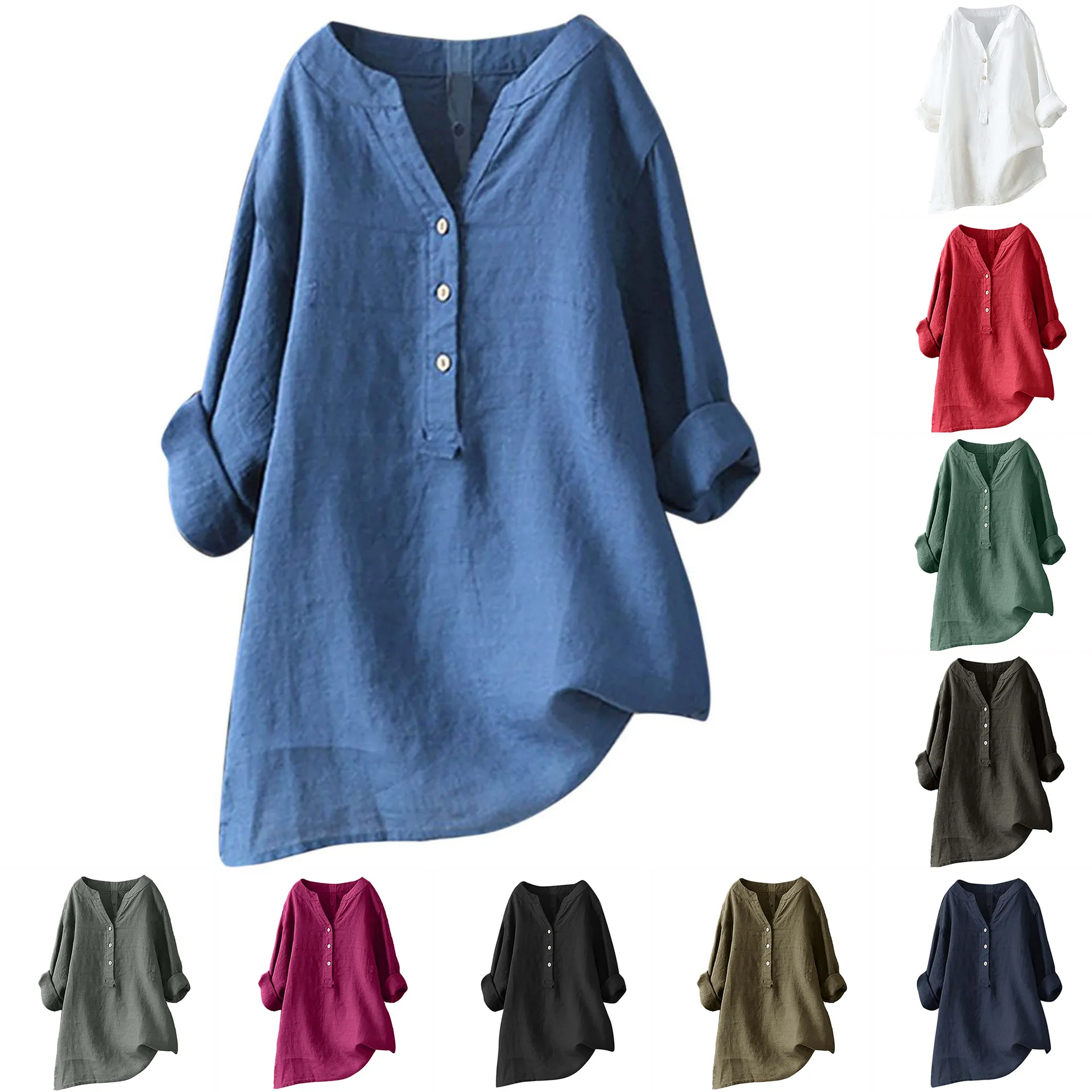 Casual Loose Linen Shirt Dress - ユニセックス、レディース、メンズ、コットンリネン素材のブラウス、シャツ、春・夏用、ボタン付き、Vネック、長袖、ランタンスリーブ、ゆったりとしたシルエットのトップス。