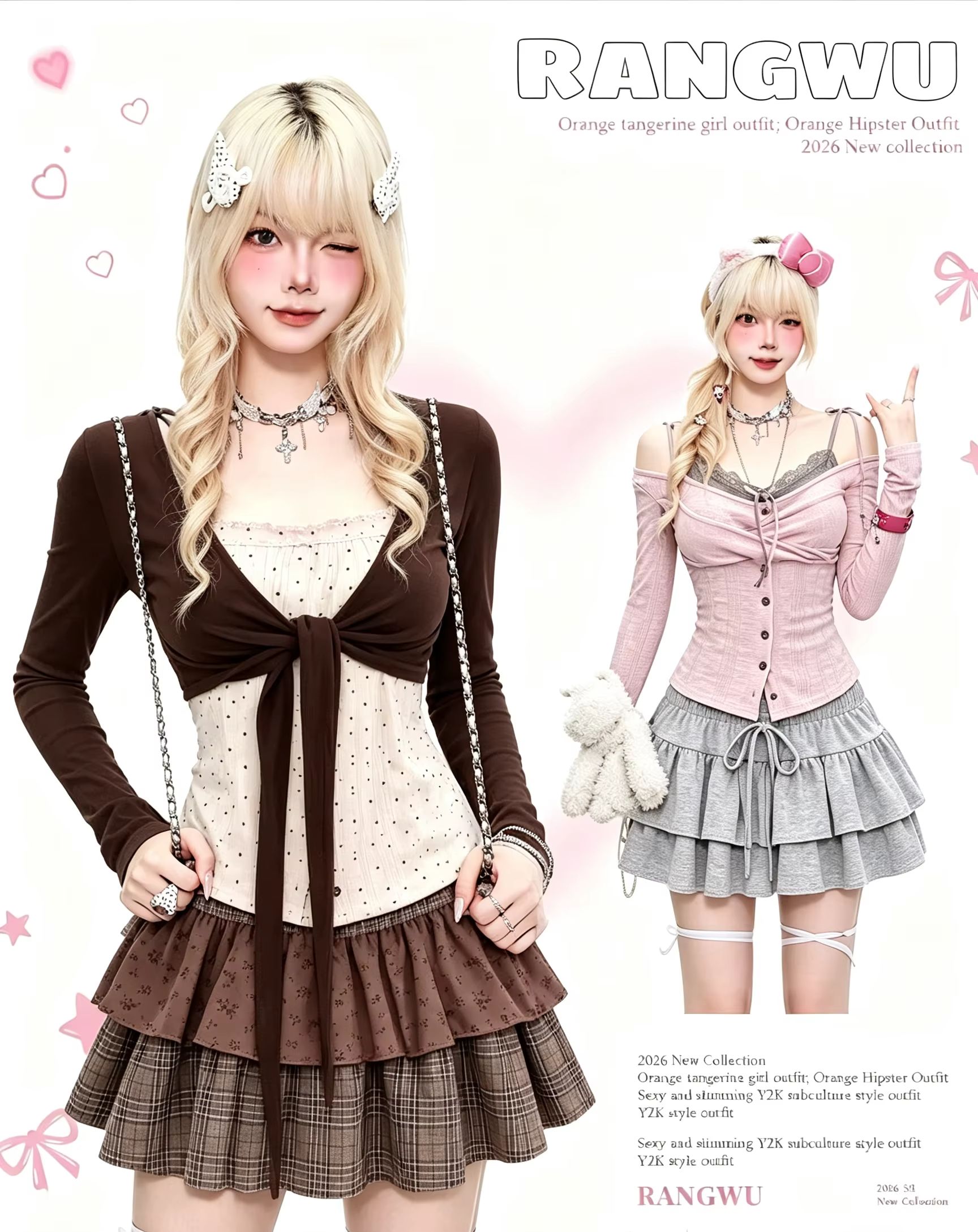 Blouses - Y2K風のアメリカンビンテージ、レディース2点セット、クロップ丈ブラウスとミニスカート、韓国ファッション、ストリートシック、トレンドの組み合わせコーディネート。