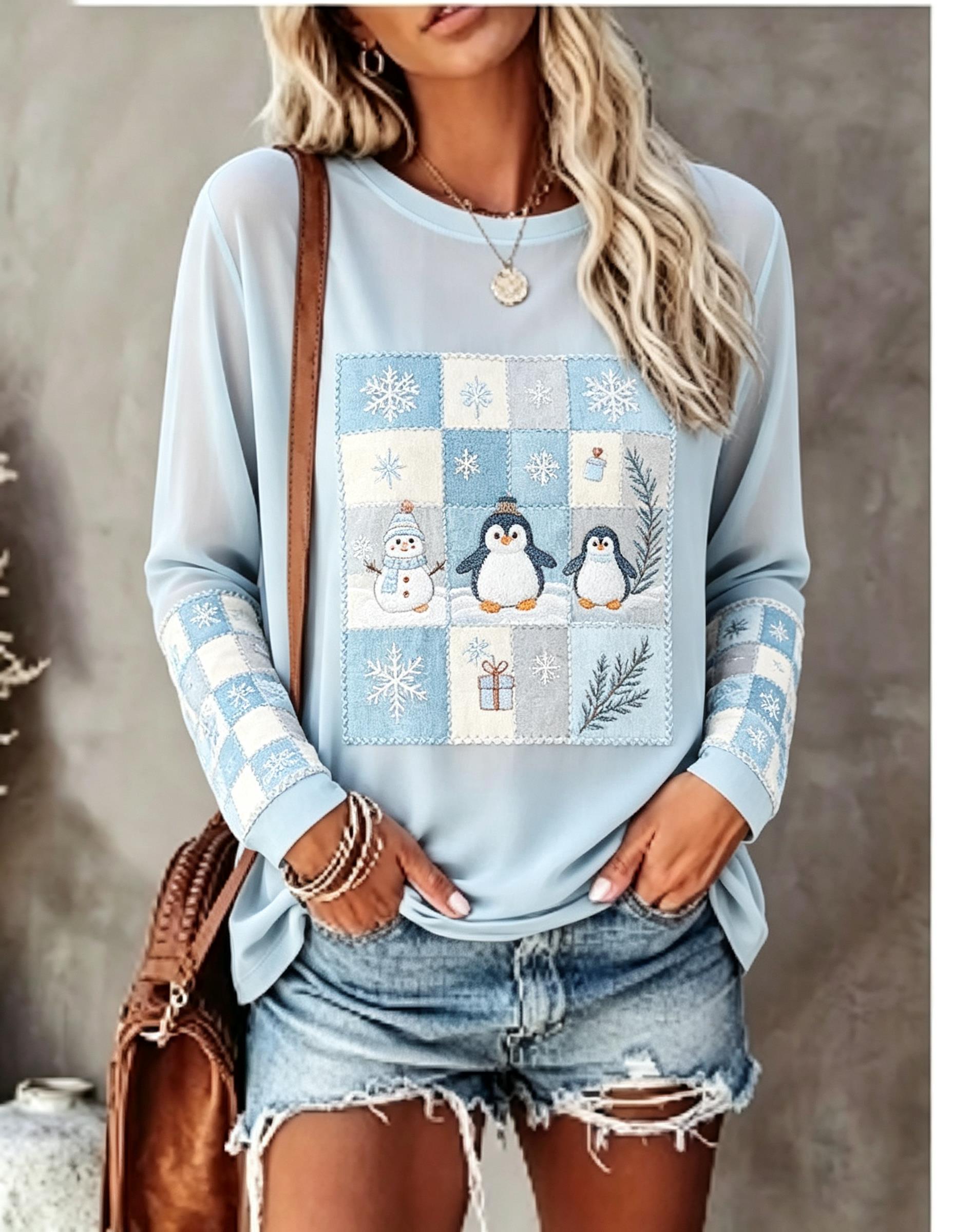Blouses - レディース 長袖Tシャツ、フォックス、ウサギ、パッチワーク、格子柄、松ぼっくり、ベリー、雪の結晶プリント、クルーネック、カジュアル、秋のトップス