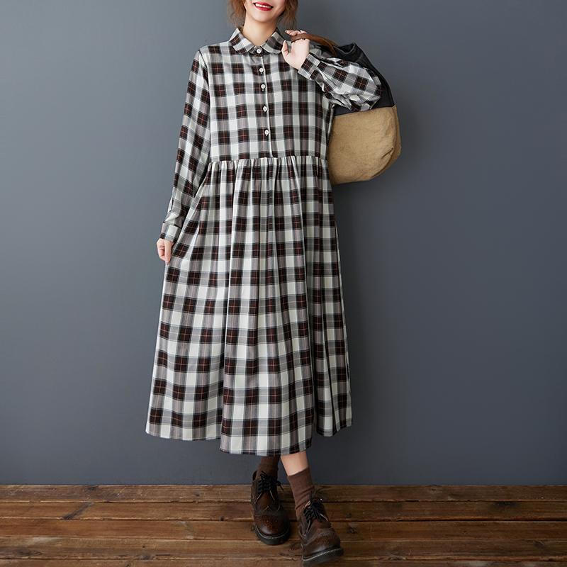 Korean Style A Line Shirt Dress - 春秋の韓国風ルーズシャツカラーパッチワークチェック柄ミディ丈スリムロングスカート レディース シティウォークAラインワンピース