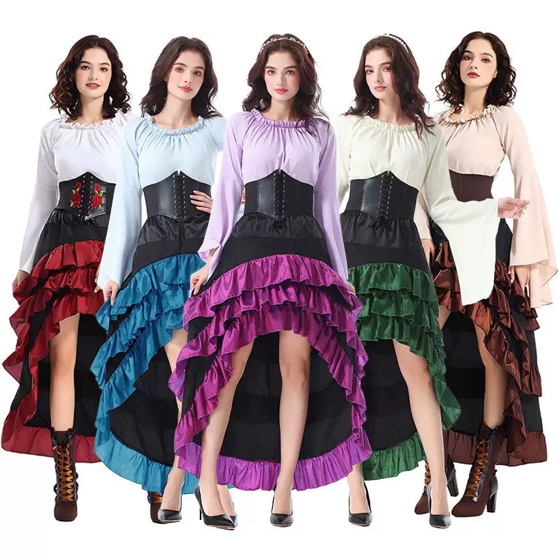 Skirts - おしゃれなハロウィン風、前短め・後ろ長めのロマンティックなロングドレス。裾は蓮の葉のようなデザイン。 中世風の海賊コスチューム、コルセットとスカートのセット