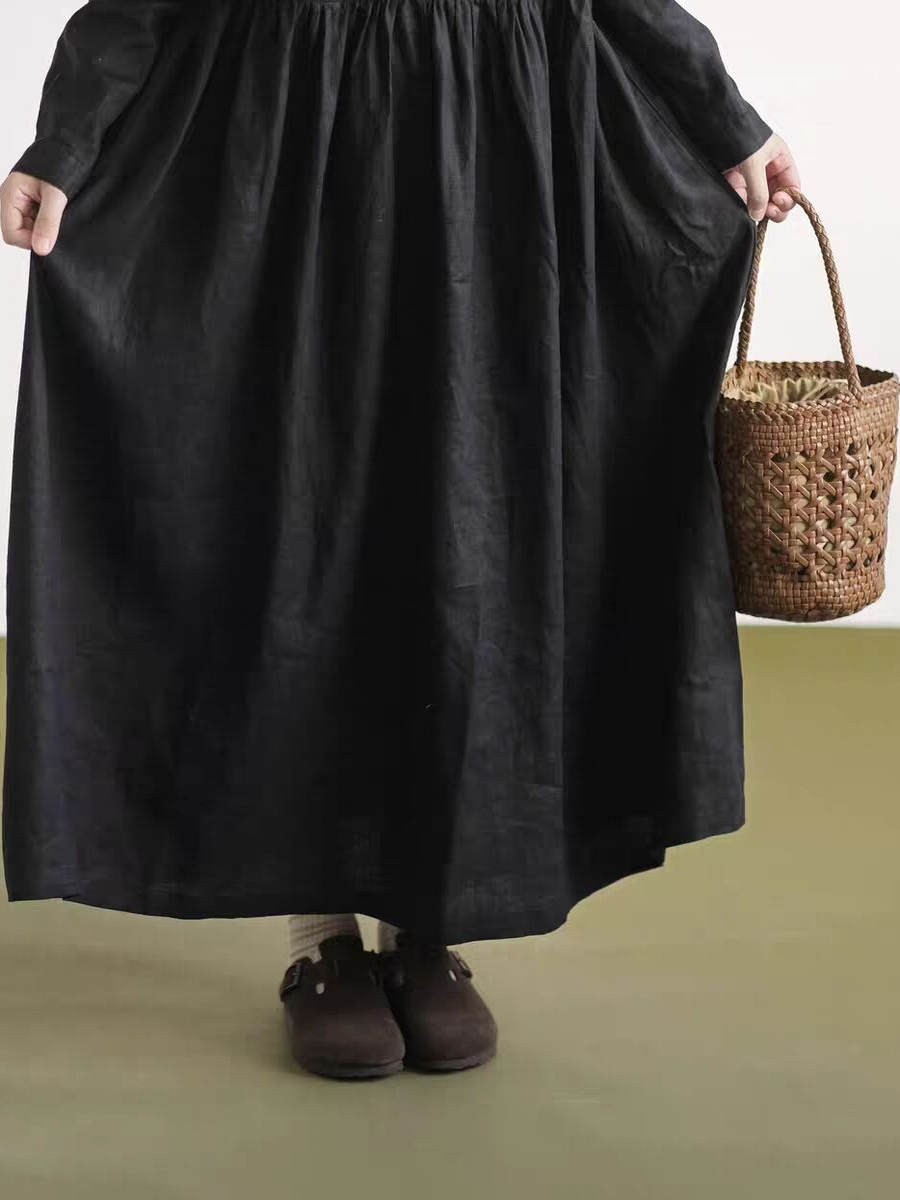 黒レース襟長袖リネンドレス女性の秋の新スタイル痩身芸術的なス - Casual Loose Linen Shirt Dress のレビューと価格