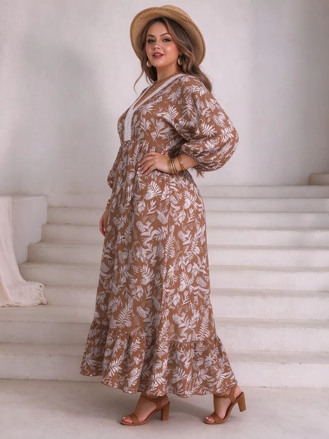 プラスサイズ女性用、葉っぱ柄のフローラルプリント、マキシ丈、 - Boho Summer Beach Maxi Dress のレビューと価格