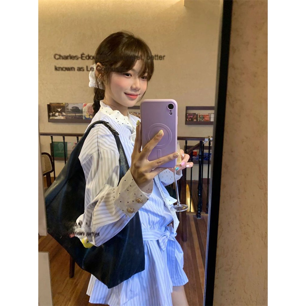 韓国風スイートスクールスタイルストライプスプライシング長袖シ - Korean Style A Line Shirt Dress のレビューと価格