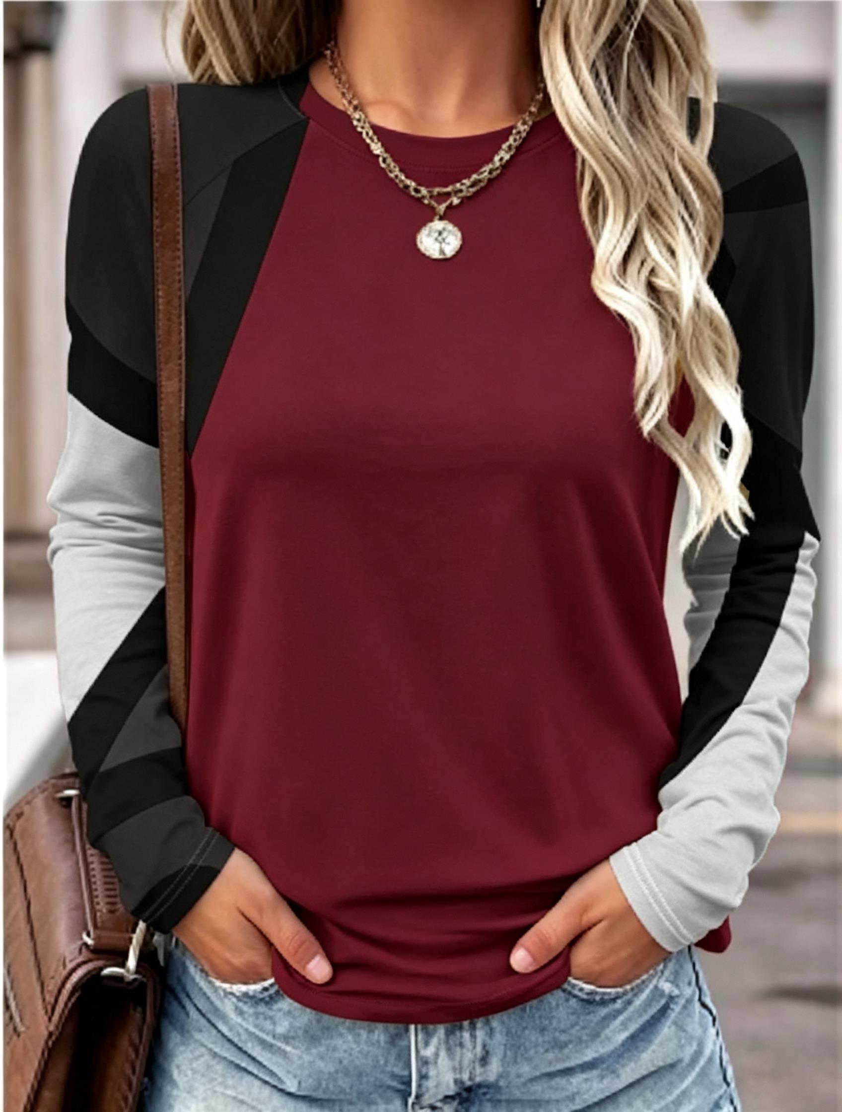 2026年、女性用、長袖Tシャツ、幾何学模様のカラーブロック - Blouses のレビューと価格