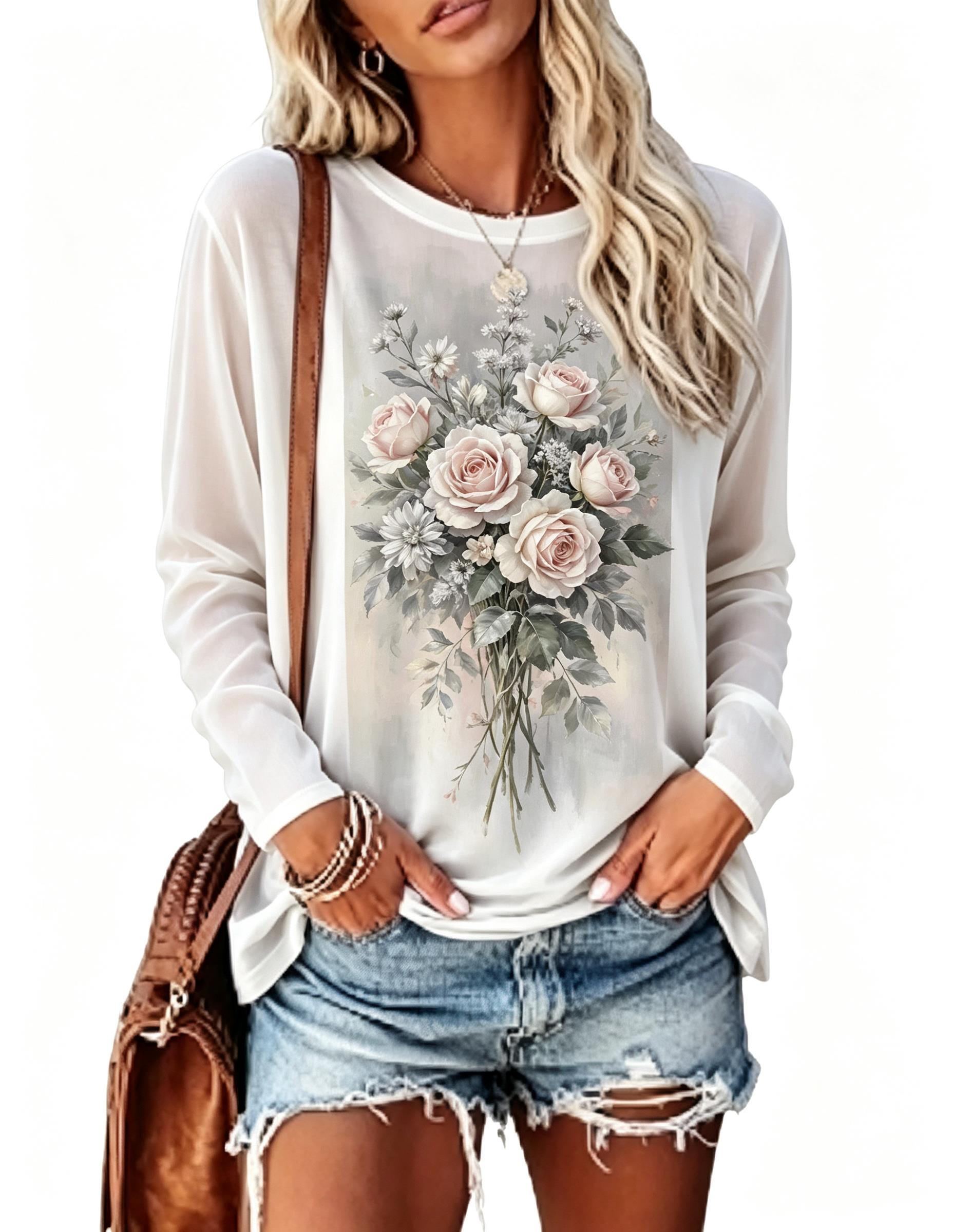 レディース長袖Tシャツ ヴィンテージピンクローズフラワーブー - Blouses のレビューと価格