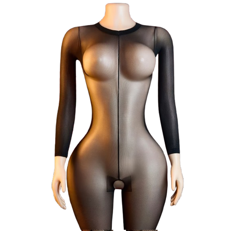 シースルーブラックメッシュオープンクロッチボディスーツ/スト - Lingerie のレビューと価格