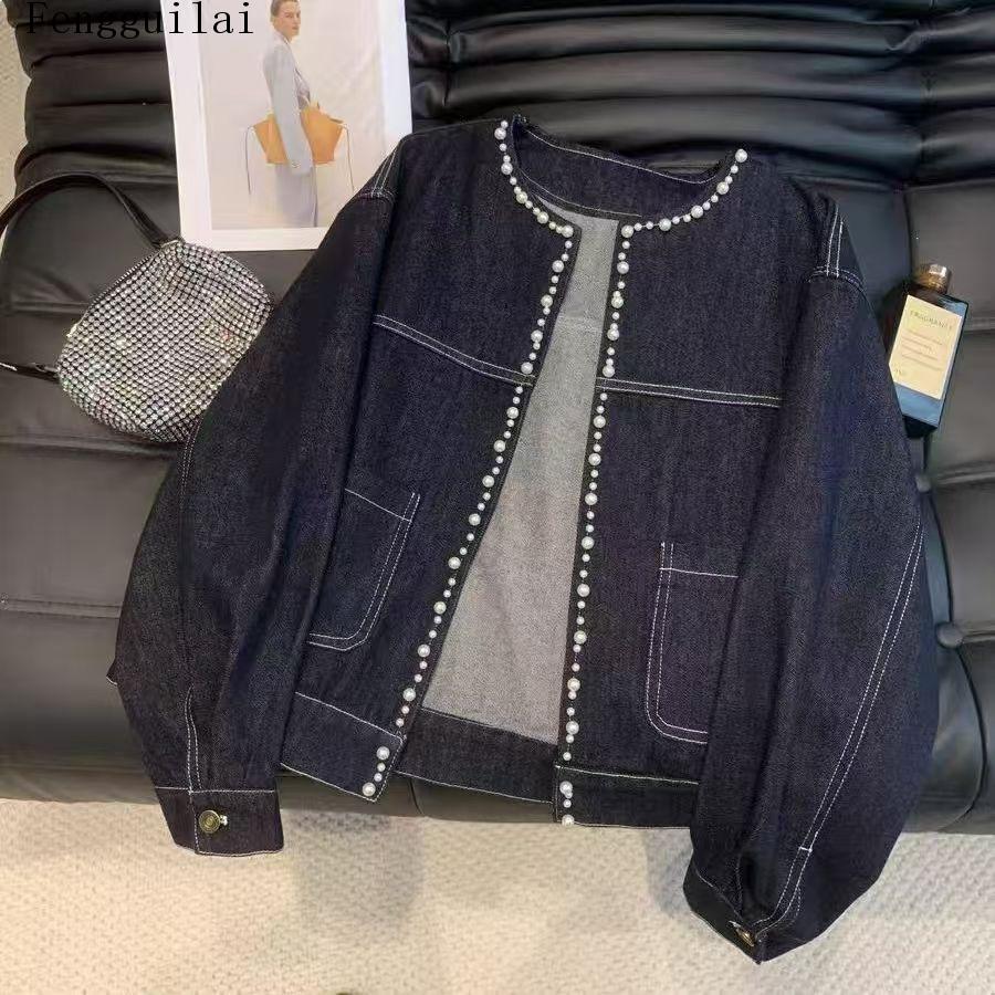女性用、丸襟、デニムジャケット、フェイクパールトリム、長袖、 - Jeans のレビューと価格