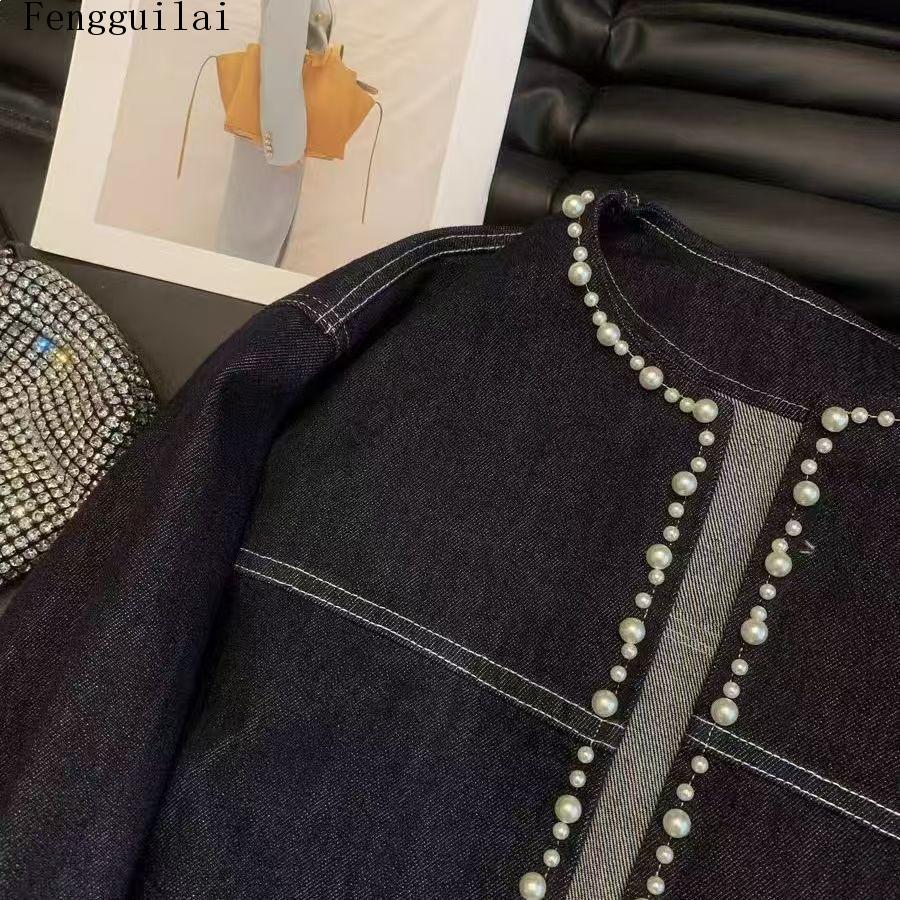 女性用、丸襟、デニムジャケット、フェイクパールトリム、長袖、 - Jeans のレビューと価格