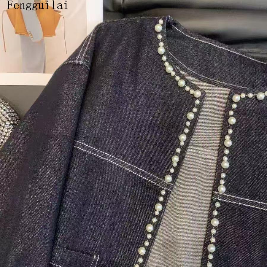 女性用、丸襟、デニムジャケット、フェイクパールトリム、長袖、 - Jeans のレビューと価格