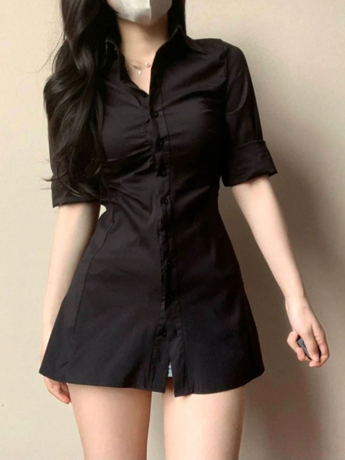 セクシーなプリーツ入りウエストシェイプシャツワンピース 韓国 - Korean Style A Line Shirt Dress のレビューと価格