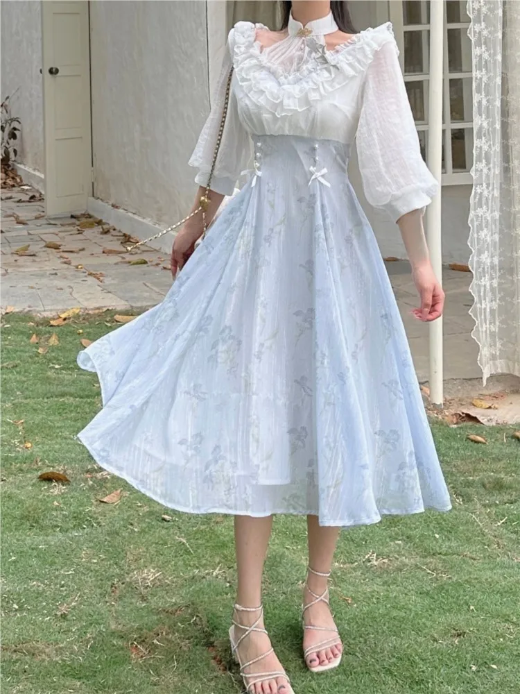 エレガントな女性の夏のフレンチヴィンテージ花柄ミディドレス韓 - French Vintage Floral Midi Dress のレビューと価格