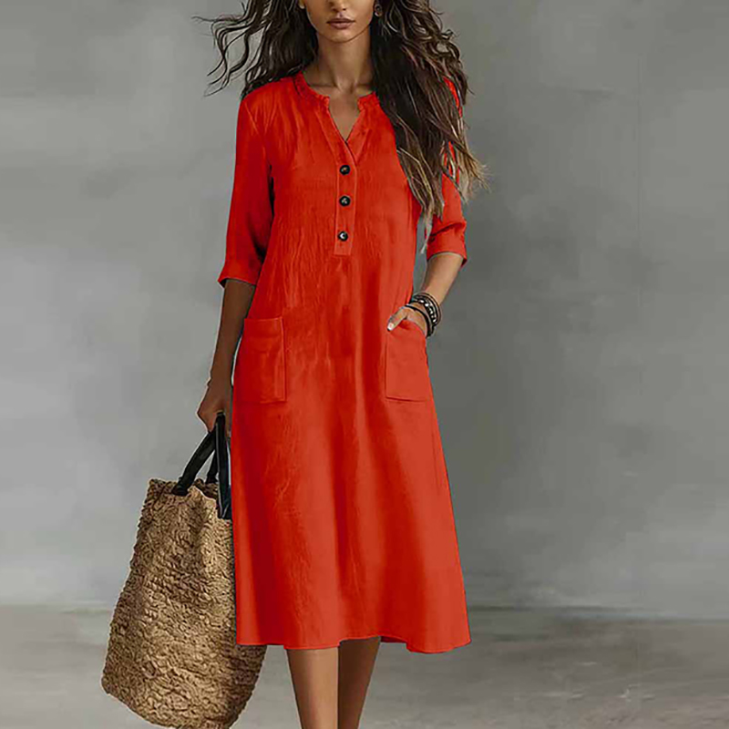 女性カジュアルソリッドカラー半袖コットンとリネンミディドレス - Boho Summer Beach Maxi Dress のレビューと価格