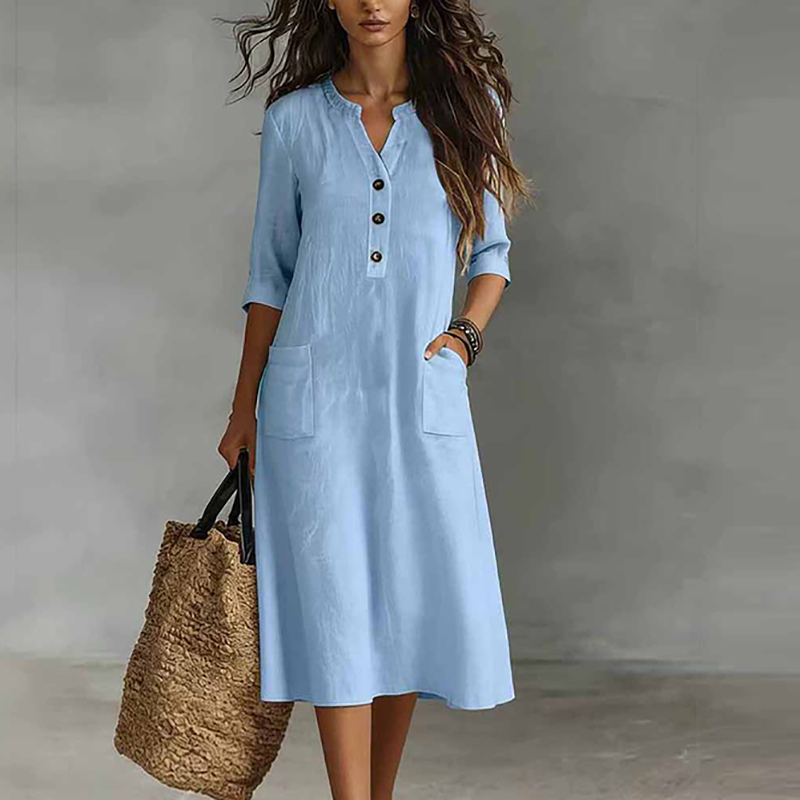 女性カジュアルソリッドカラー半袖コットンとリネンミディドレス - Boho Summer Beach Maxi Dress のレビューと価格