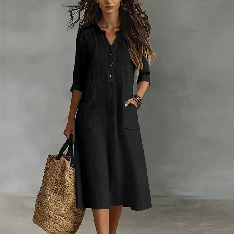 女性カジュアルソリッドカラー半袖コットンとリネンミディドレス - Boho Summer Beach Maxi Dress のレビューと価格