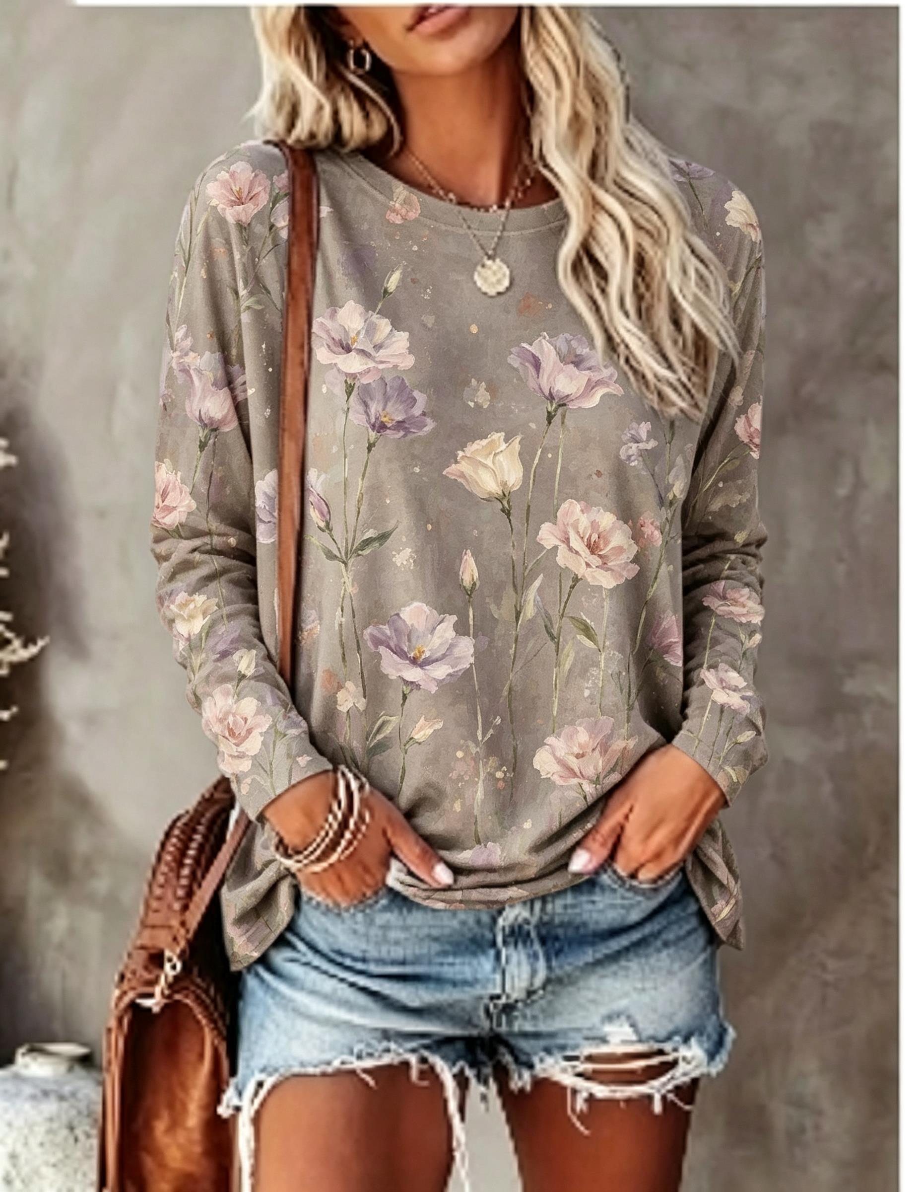 レディース長袖Tシャツ 油絵 アイリス 花柄 ヴィンテージ  - Blouses のレビューと価格