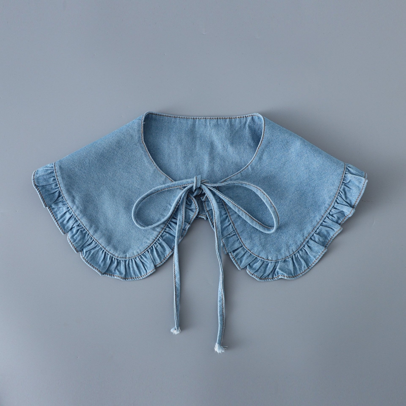甘いブルーのデニム素材、フリル付き、取り外し可能な襟、女性用 - Blouses のレビューと価格