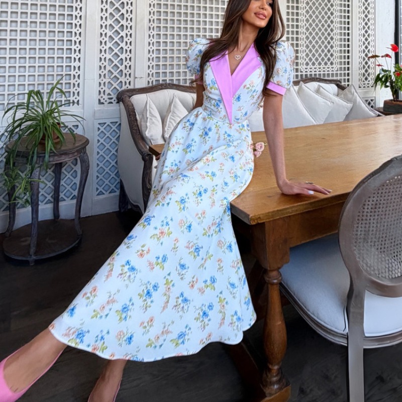 エレガントな2026年夏花柄プリントコルセットミディドレス、 - French Vintage Floral Midi Dress のレビューと価格