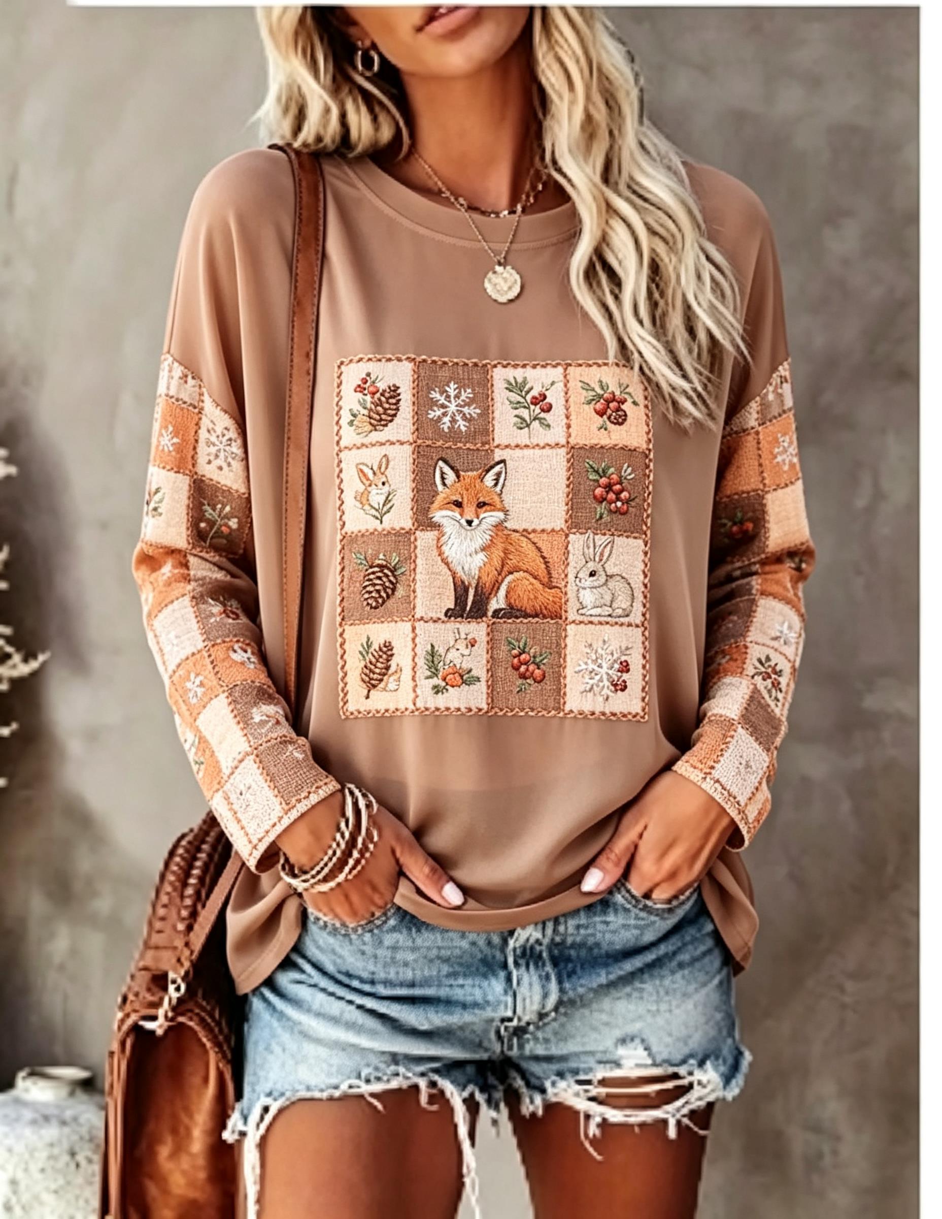 レディース 長袖Tシャツ、フォックス、ウサギ、パッチワーク、 - Blouses のレビューと価格