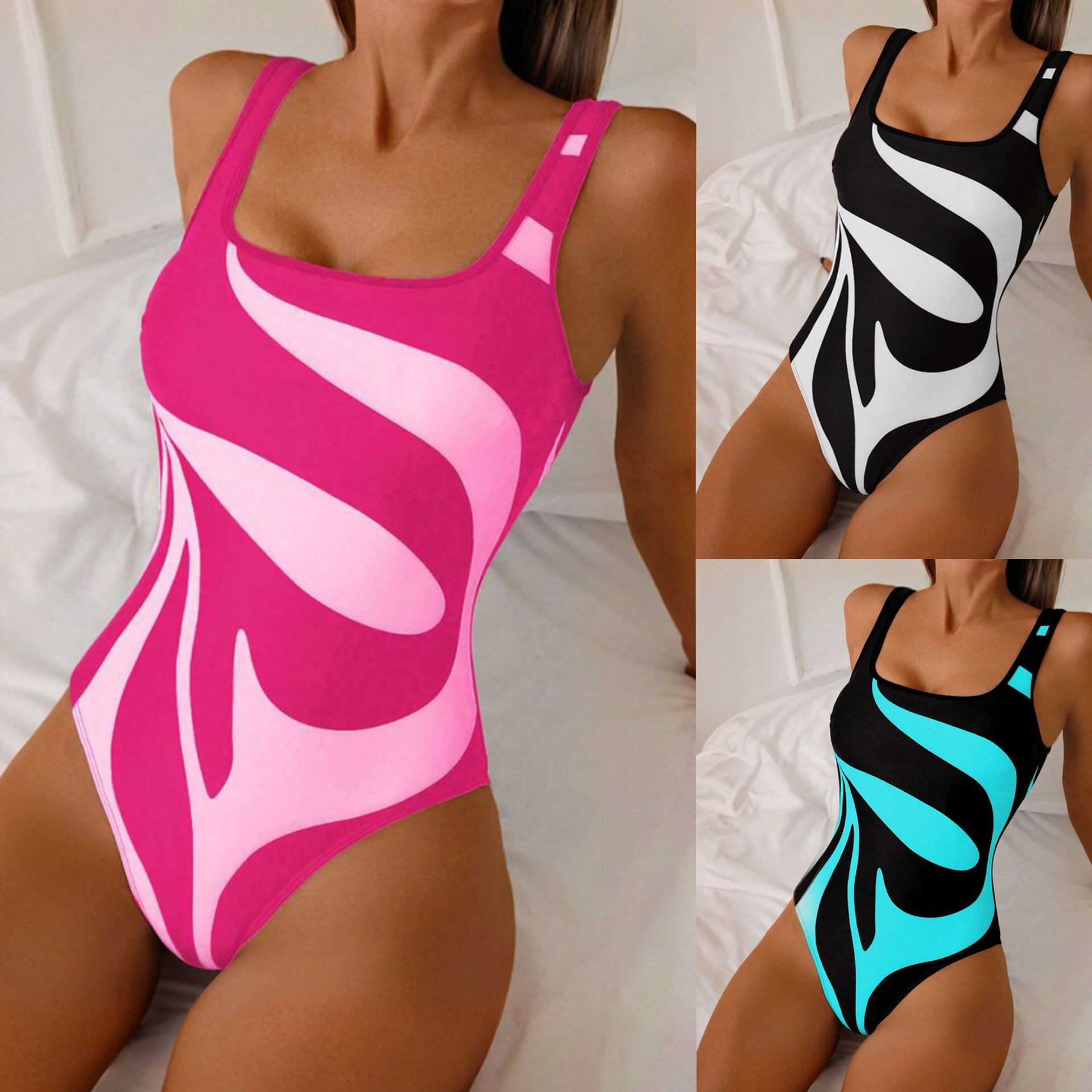 女性タンキニ抽象プリントビキニハイカットレッグ水着スクエアネ - Swimwear のレビューと価格