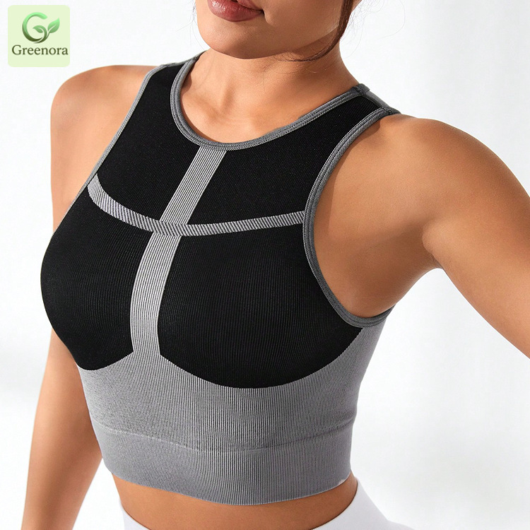 シームレススポーツブラ女性リブ編みヨガトップカラーブロックフ - Seamless Ribbed Workout Tank Top のレビューと価格