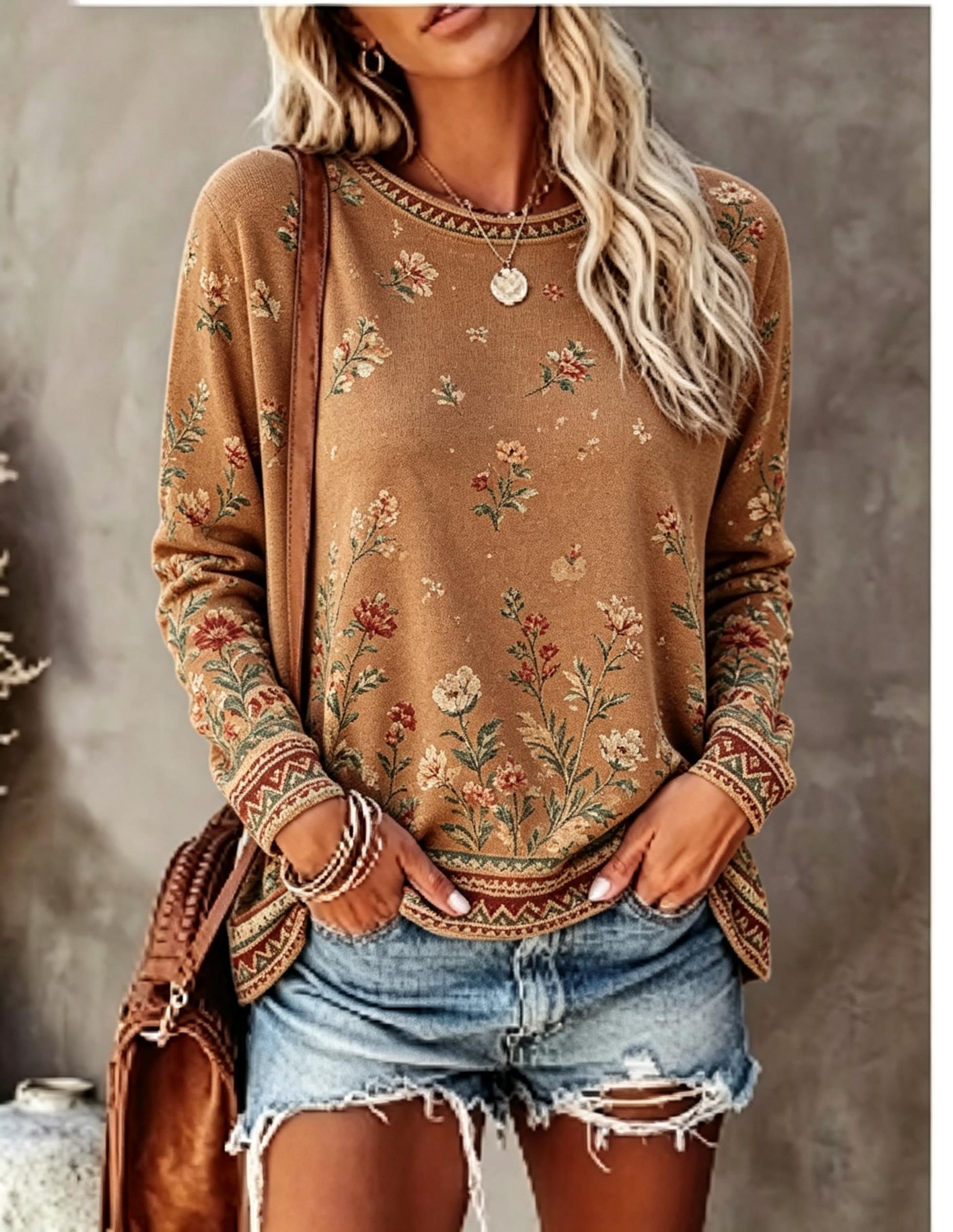 レディースクルーネック長袖Tシャツ、ヴィンテージフローラルロ - Blouses のレビューと価格