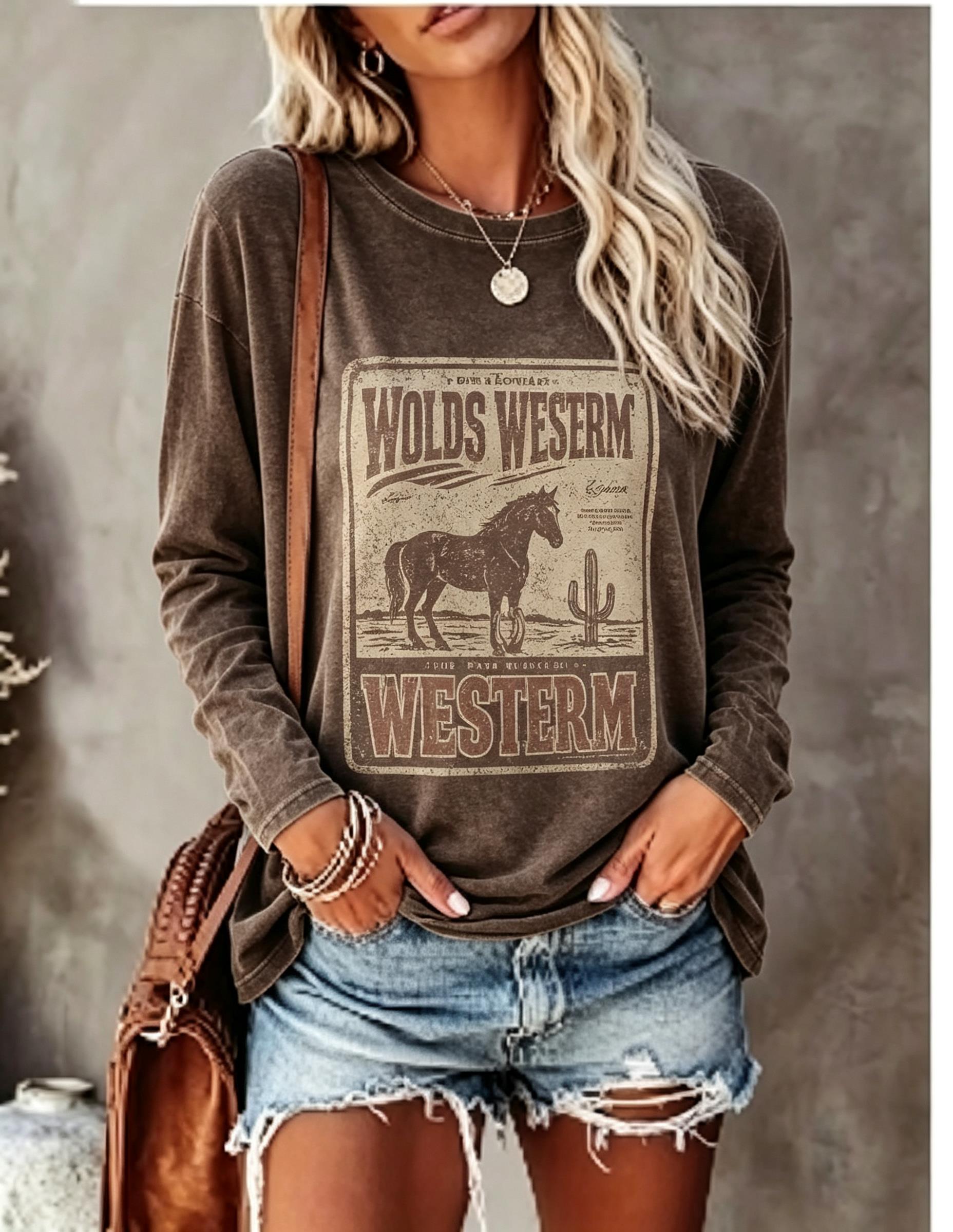 レディース 長袖Tシャツ ヴィンテージ風 西部風 馬とサボテ - Blouses のレビューと価格