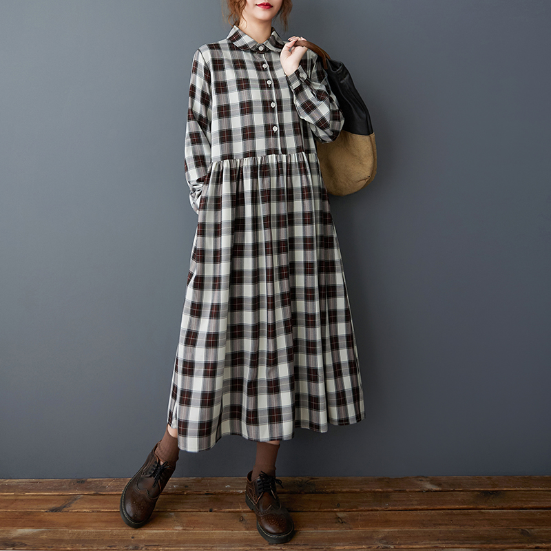 春秋の韓国風ルーズシャツカラーパッチワークチェック柄ミディ丈 - Korean Style A Line Shirt Dress のレビューと価格