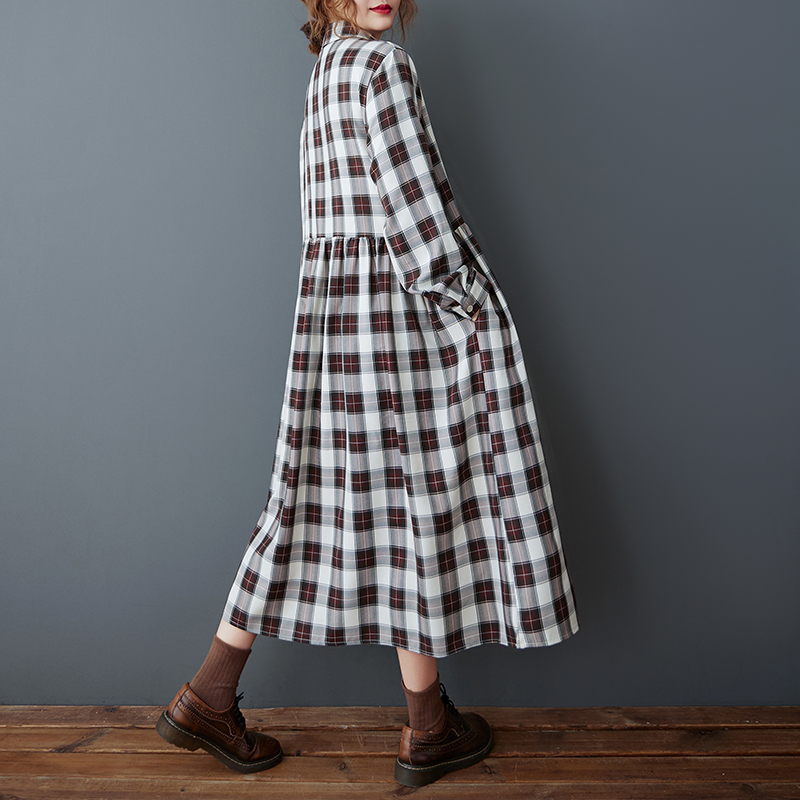 春秋の韓国風ルーズシャツカラーパッチワークチェック柄ミディ丈 - Korean Style A Line Shirt Dress のレビューと価格
