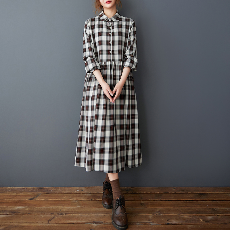 春秋の韓国風ルーズシャツカラーパッチワークチェック柄ミディ丈 - Korean Style A Line Shirt Dress のレビューと価格